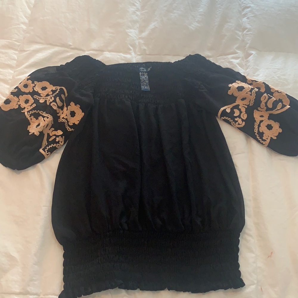 Twelve by twelve Black sheer vintage blouse with crochet on sleeves